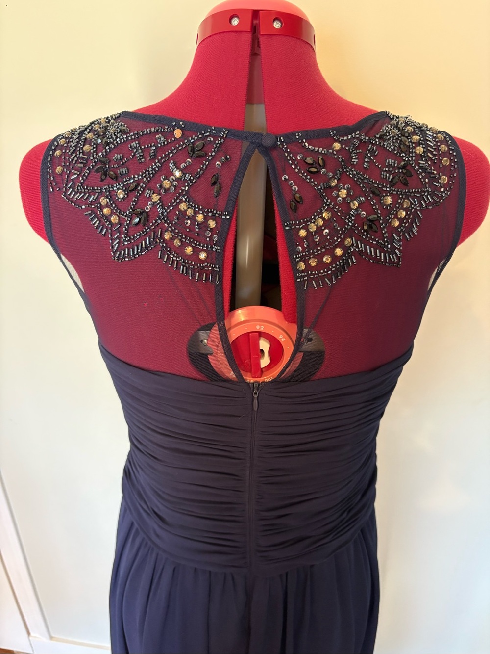 Le Chateau Navy Blue Ruched Chiffon Maxi Dress Beaded Illusion Neck 8 - Picture 4 of 16